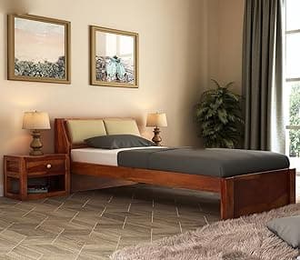 Sheesham Wood Single Bed with Upholstery Cushion Headboard Storage Wooden Single Size Cot Bed Without Storage for Living Room Furniture Single Bed Palang for Bedroom (Honey Finish)