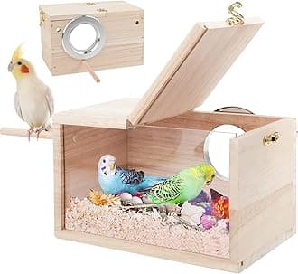 Parakeet Nesting Box Transparent Design, Thwartwise Bird Nest Breeding Box with Perch Wood Bird Cage House for Cockatiel Lovebirds Budgie Finch Parrotlets Canary S