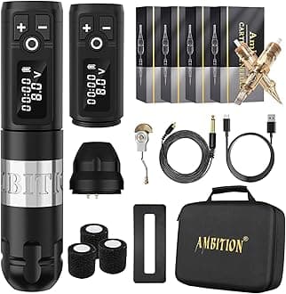 Ambition Soldier Wireless Tattoo Machine Kit Complete Rotary Coreless Motor Tattoo Pen Kit with Extra 2400mAh Battery 80pcs Premium Mixed Size Cartridge Needles Supply for Professional Tattoo Artist