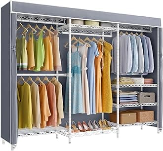 VIPEK V5C Plus Covered Clothes Rack Portable Wardrobe Closet with Cover, Heavy Duty Freestanding Closet Rack for Hanging Clothes, White Metal Clothing Rack with Grey Cover, Max Load 1040LBS