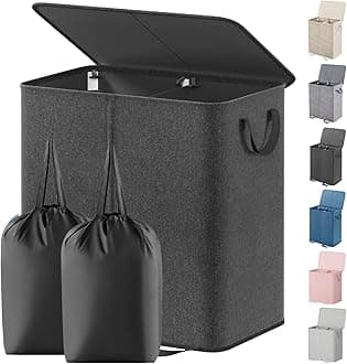 Double Laundry Hamper with Lid and Removable Laundry Bags, Large Collapsible 2 Dividers Dirty Clothes Basket with Handles for Bedroom Laundry Room Closet Bathroom College, 136L Black