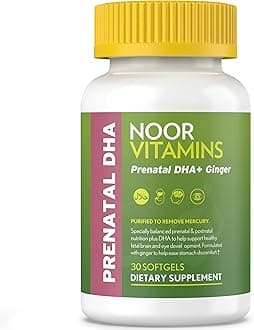 NoorVitamins Prenatal Vitamins with DHA Includes Essential Vitamins, Folic Acid, DHA & Ginger To Soothe Mom's Stomach. Non-GMO Halal Prenatal Vitamin Used Before/During/Post Pregnancy (1 Month Supply)