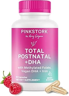 Pink Stork Total Postnatal Vitamins for Women with DHA - Capsules with Vegan DHA, Iron, Folate, and Vitamin B12, Postpartum Recovery Essentials (60 Capsules, Berry Essenced)