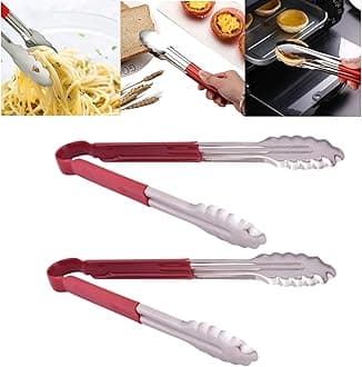 THW 12 Inch Stainless Steel Utility Tongs with Red Vinyl Coated Handle- Heavy Duty Long Kitchen Tongs for Barbecue Grilling Cooking Roasting Serving Buffet Salad Ice Oven, Pack of 2 Pieces