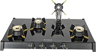 Faber Liftable Burners Freestanding Cooktop|Genius 804 Ai Bk|80Cm Width|Brass Burners|Manual Ignition|Abs Knobs|Pan Support|2 Yrs Comprehensive,5 Yrs Valve & Burners,7 Yrs On Glass,Black