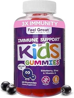 Feel Great Immune Support for Kids | Vitamin C Zinc & Elderberry Gummies | Sambucus Nigra Immunity Multivitamin | Vegetarian | 60 Day Supply