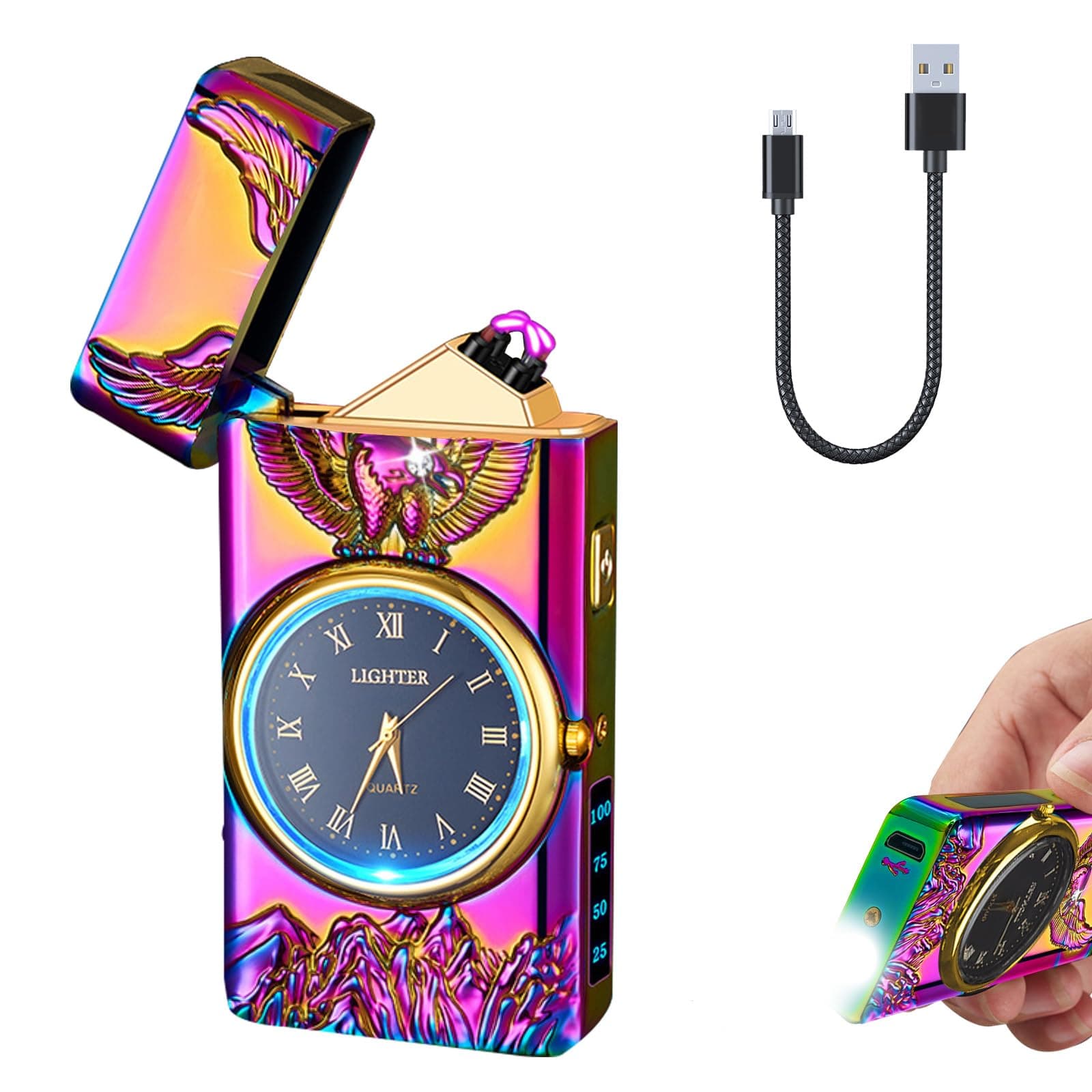YOZWOO Electric Lighter with Clock USB Rechargeable Lighter with LED Light Plasma Dual Arc Lighter with LED Power Display for Candle Cool Lighter for Men and Women (Magic Eagle)