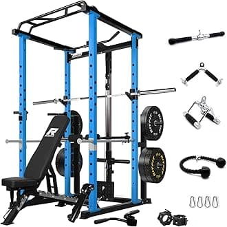RitFit Squat Rack Power Cage Home Gym Package, Includes 1000LBS Power Rack with Cable Crossover System, Weight Bench, Weight Plate Set with Olympic Barbell (PPC02 Package 1.6K (FBP 230LBS))-Blue