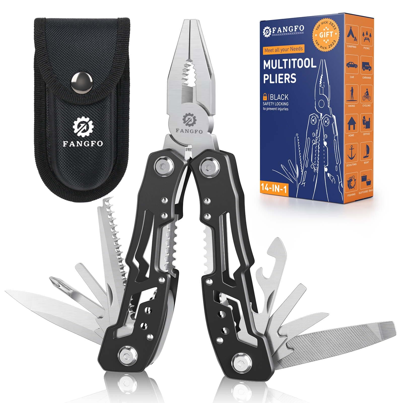 14-In-1 Multitool with Safety Locking, Professional Stainless Steel Multitool Pliers Pocket Knife, Bottle Opener, Screwdriver with Nylon Sheath ,Apply to Survival,Camping, Hunting and Hiking 1 Pcs