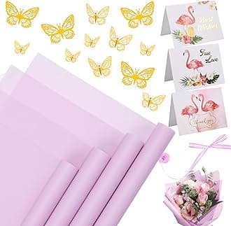 20 Sheets Flower Wrapping Paper - Waterproof Floral Bouquet Wrapping Paper, Florist Supplies with 3D Gold Butterfly Decor(Mist light purple)