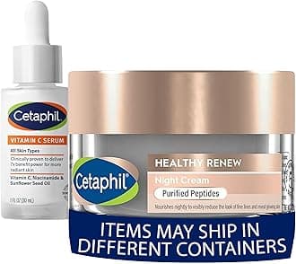 Vitamin C Serum, Dermatologist Tested, 1oz + Healthy Renew Skin Tightening Night Cream 1.7 Oz, Wrinkle Repair Cream for Face with Peptides, For Sensitive Skin, Fragrance Free, Bundle