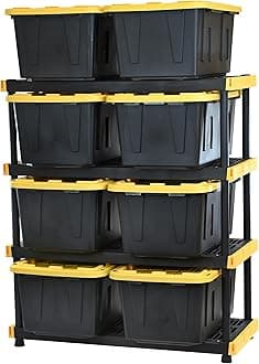 CX Black & Yellow 4-Tier Heavy Duty Storage Shelves and 8 Heavy Duty Storage Bins with Lids, 4 Shelves that Support up to 200lbs/shelf + 27 Gallon Containers (8-Pack), Organization and Storage