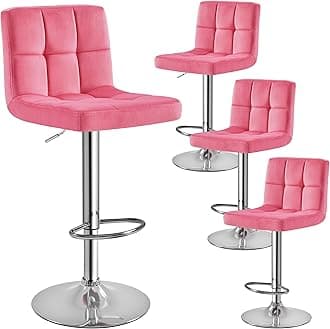 Yaheetech Pink Velvet Bar Stools, Adjustable Barstools Set of 4, Armless Swivel Counter Stools with Thickened Seat Cushion for Kitchen Island, Pink