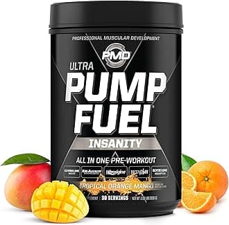 PMD Sports Pump Fuel Ultra Insanity, Premium Pre Workout Powder & Muscle Pump, Intense Energy, Focus, Endurance & Recovery, Premium Creatine & Beta Alanine, Tropical Orange Mango (30 Servings)