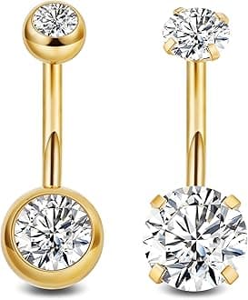 2PCS 14G Surgical Steel Belly Button Rings for Women Round CZ Navel Ring Long Belly Rings Belly Piercing Jewelry 6-16MM