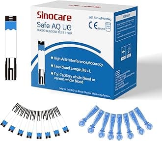 sinocare Safe AQ UG Blood Sugar Test Strips, 50pcs Blood Glucose Test Strips + 50pcs Twist Lans. for Safe AQ UG Bi-Function Monitor, Diabetes Test Strips.