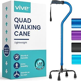 Quad Cane - Walking Stick for Men and Women - Lightweight Adjustable Staff - Comfortable Right and Left Hand Grip for Stability Support - Four Prong Sturdy Aluminum Travel Aid - 4 Tip Dark Blue