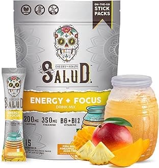 Salud 2-in-1 Energy Drink Powder + Focus, Pineapple Mango, Organic Caffeine, B6 + B12, Theanine, Clean Energy Drink Packets, Agua Fresca Mix, Non-GMO, Gluten Free, Vegan, 1g of Sugar, (15 Servings)