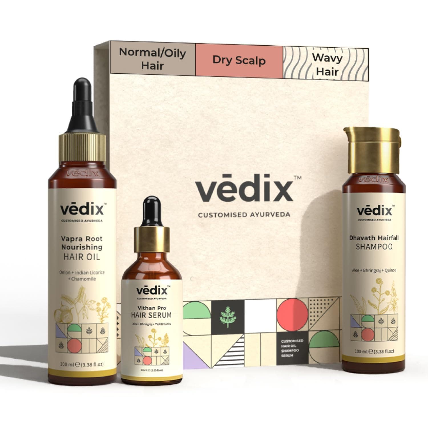 Vedix Customized Hair Fall & Dandruff Control For Normal/Oily Hair - Anti Hair Fall Oil Onion + Indian Licorice - Anti-Hairfall Shampoo - Nuyantra Pro Hair Growth Serum X Dandruff Care