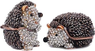 Hand Painted Enamel Hedgehog Trinket Box, Hinged Jewelry Box Unique Mini Ring Necklace Jewelry Organizer, Classical Bejeweled Storage, Figurine Collectible Keepsake Home Decor (Couple Hedgehog)