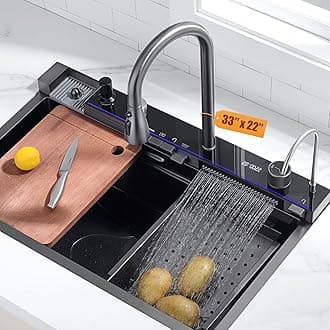 Lefton 33"x22" 304 Stainless Steel Kitchen Workstation Sink with Pull-down Faucet, Waterfall & Rainfall Outlet, Drain Basket, Metal tray, and Cutting Board, Temperature Display, Grey, KS2206L