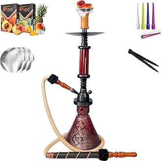 George 24" Portable Single Hose Premium Shisha Set, Sturdy Glass Vase & Metal Stem with Accessories Ceramic Bowl and Coal Tongs Ashtray Herbal Flavors (Red)
