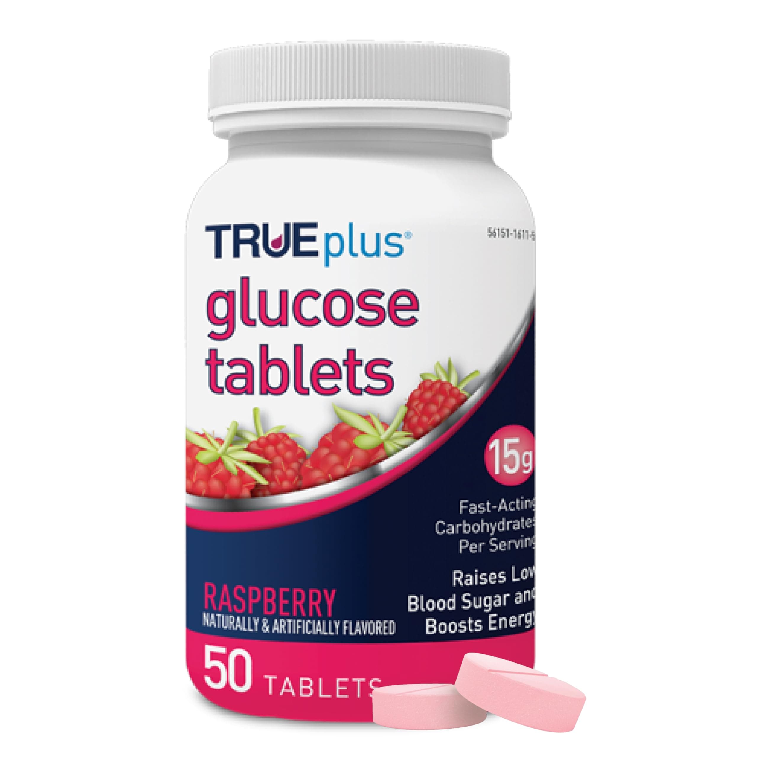 Glucose Tablets, Chewable, Raspberry Flavor, 15g Fast-Acting Carbohydrates, Fat Free, Gluten Free, Raise Low Blood Sugar and Boost Energy, 50 Count