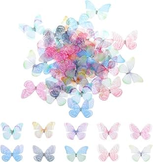 60Pcs Organza Fabric Butterfly Appliques, Colorful 3D Butterflies for Crafts with Lace Silk 2 Layers Wall Decoration for DIY Wedding Party Decoration Clothes Ornament Home Decor