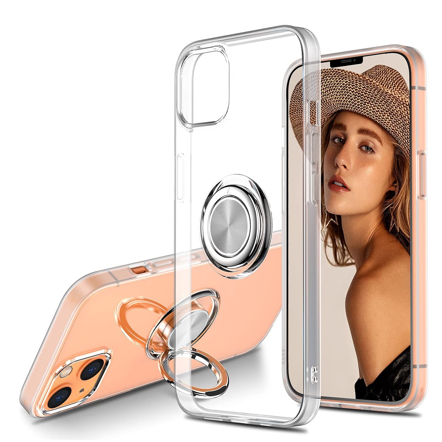WATACHE Compatible with iPhone 13/14 Case, Crystal Clear Slim Fit Protective Phone Case Cover with [Ring Holder Kickstand] [Magnetic Car Mount Feature] for iPhone 13/14 6.1 Inch, Clear