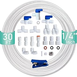 ESHIONG NSF Certified 1/4" O.D. Push to Connect Fittings for RO (Reverse Osmosis) Water Filter（ Fridge Installation Kits）20 pcs+30 feet 1/4" Water tubing.