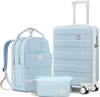 imiomo Hard Shell 20 Inch Carry on Luggage 3 Piece Set with Travel Backpack, Lightweight Hardside Carry-On Suitcase with Spinner Wheels and TSA Lock, Blue