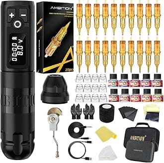 Ambition Soldier Tattoo Machine Kit Complete Rotary Wireless Tattoo Pen Gun Kit with 20pcs Glory Tattoo Cartridge Needles Practice Skin Supplies for Beginners & Professional Artists, Black