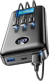 Portable Charger Power Bank - 60,000mAh Battery Pack, 22.5W Fast Charging Phone Charger Attached USB-C/iOS/Micro-USB Cable, Powerbank for iPhone 17 16 15 14 13 Samsung, for Travel Camping Essentials