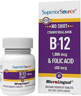 No Shot Vitamin B-12 Cyanocobalamin 1000 mcg & Folic Acid 400 mcg - Offers Energy, Heart, Brain, & Stress Support - 60 Sublingual Dissolving Tablets