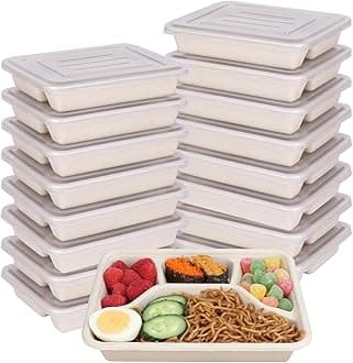 Sugarcane Fiber 24 oz 4 Compartments disposable plates with Lids Bagasse Plant Fibers Freezer Safe 50 Pack