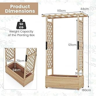 COSTWAY Garden Planter with Trellis, Hanging Roof and Drainage Holes, Weather-Resistant Wooden Raised Bed for Vine Climbing Plants, Outdoor Trough Container Grow Box Flower Pot (Natural, 110x44x180cm)