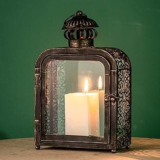 DECORKEY Candle Lantern Decorative, Indoor&Outdoor Vintage Metal Lanterns with Clear Glass, Tabletop&Hanging Candle Holders for Patio Front Porch Home Decor(Bronze)