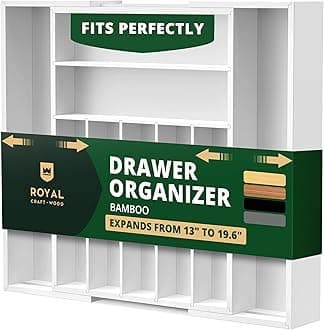 ROYAL CRAFT WOOD Luxury Bamboo Kitchen Drawer Organizer - Silverware Organizer - Utensil Holder and Cutlery Tray with Grooved Drawer Dividers for Flatware and Kitchen Utensils (9 Slot, White)