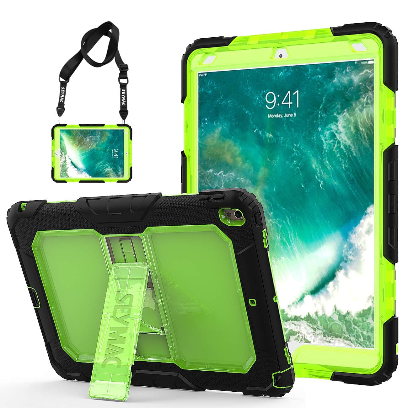 iPad Pro 10.5 Strap Case, SEYMAC 3 Layer Rugged Full Body Shock Drop Proof Silicone Hard Bumper Case with Stand for iPad Pro 10.5（A1709, A1701) Kids, Schools, Workers (Green/Black)