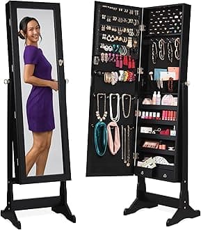 Best Choice Products Freestanding Jewelry Armoire Cabinet, Full Length Standing Mirror, Lockable Makeup Storage Organizer, w/Velvet Lining, 3 Angles, Lock, Accessory Pouch, 5 Shelves - Black