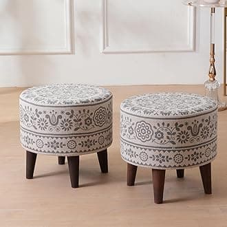 HOME 360 Floral Pattern Printed Fabric & Wooden Ottomans Footstools | 40X40X38 CM | Pouffe for Sitting and Footrest | Furniture for Home Decor | Dressing Table Stool | Living Room | Set of 2 | Grey