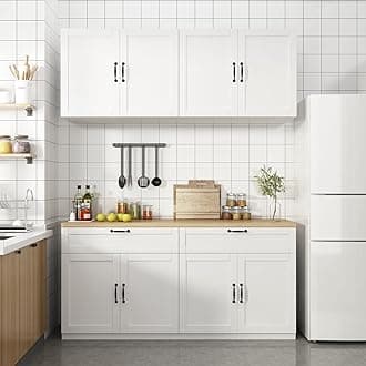 FAMAPY Wall-Mounted Kitchen Pantry Kitchen Cabinets with Countertop, Pantry Cabinet with Drawers & Doors, Wall Cabinet White and Oak