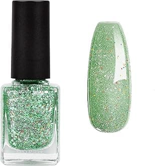 Glitter Nail Polish - Green Nail Varnish - Quick Dry Vegan Long Lasting Nail Polish - Water Based Formula & No Need Baking Nail Art