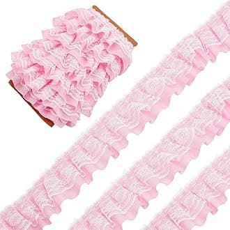 GORGECRAFT 11 Yards Pink Double-Layer Pleated Chiffon Lace Trim 5cm Wide 2-Layer Gathered Ruffle Trim Edging Tulle Trimmings Fabric Ribbon Jacquard lace for DIY Sewing Crafts Pillowcase Embellishments