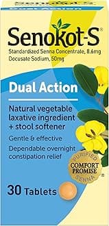 S Dual Action Natural Vegetable Laxative Ingredient Plus Stool Softener Tablets, Docusate Sodium, Senna Concentrate, Gentle, Overnight Relief From Occasional Constipation, 30 ct