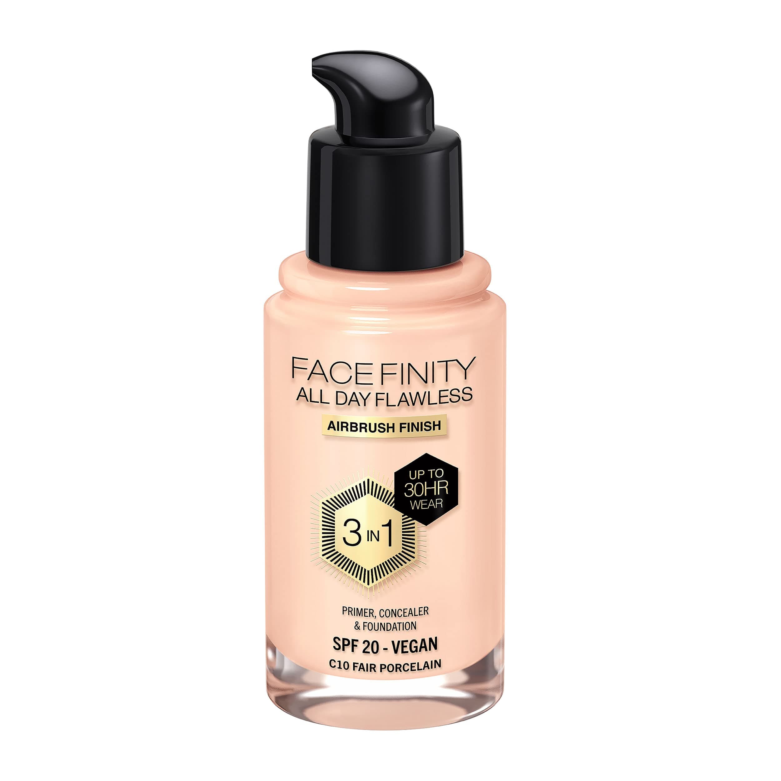 Max Factor Facefinity All Day Flawless Foundation - 3-in-1 Concealer, Liquid foundation & Face Primer, Vegan Formula, Buildable Coverage, Up To 30hr Wear, SPF20 - C10 Fair Porcelain, 30ml