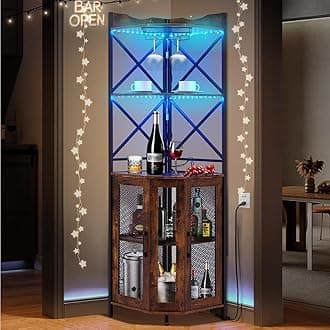 Corner Bar Cabinet with Power Outlet, 5-Tiers Wine Bar Cabinet with LED Light and Glass Holder, Industrial Home Bar for Dining Room, Living Room, Kitchen, Rustic Brown