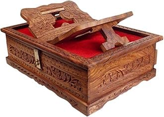 HusNain Handmade Wooden Rehal Full Carving Design Rosewood Rectangular Holy Book Stand Box for Quran Ramayan Bible Gita Ved Guru Granth Sahib (Brown, Carving Design)