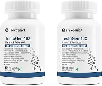 Trexgenics Testogen-10X Synergistic Testosterone and Athletic Performance Booster with Ashwagandha withanolides, Fenugreek & Tribulus saponins, Boron Glycinate,Zinc,Aspartic acid,D3 (60 x 2 = 120 Veg Capsules)