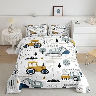 Feelyou Cartoon Car Kids Comforter Set Construction Bedding Set Decor Equipment Trucks Comforter Cartoon Car Excavator Tractor White Yellow Duvet Set Bedroom Quilt Set 3Pcs Queen